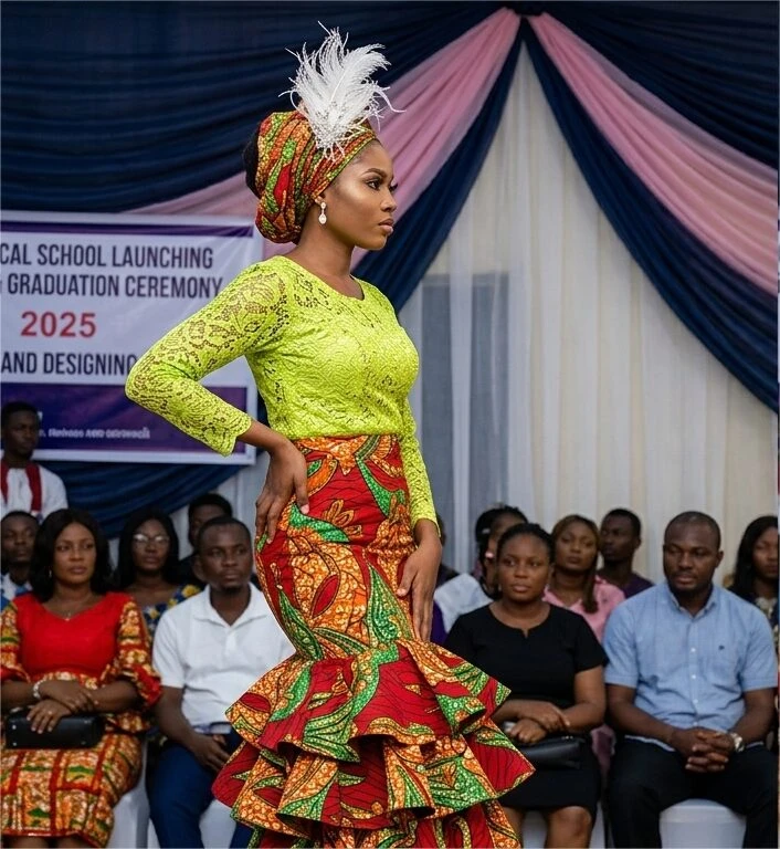 Student model on the runway during a fashion showcase